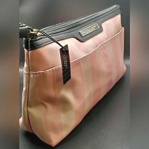 Victoria's Secret Makeup Bag - Med/ small size Pink white striped w zipper NWT
